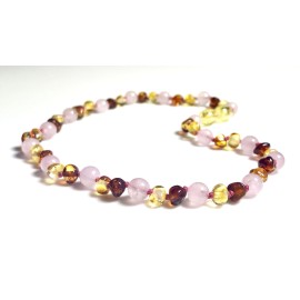 Collier bébé Ambre et Quartz rose perles citron et caramel