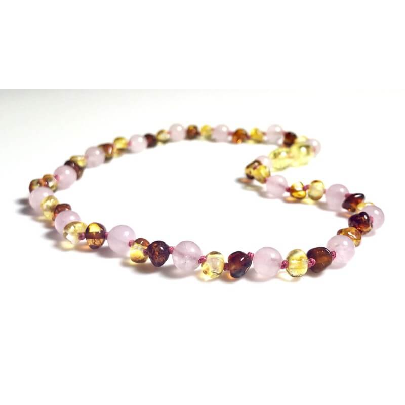 Collier bébé Ambre et Quartz rose perles citron et caramel