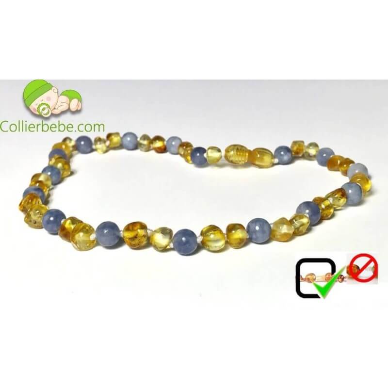 Collier bébé Ambre Citron et Aigue-marine bleu