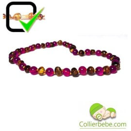 Caramel Amber Baby necklace with fushia and blue Agate