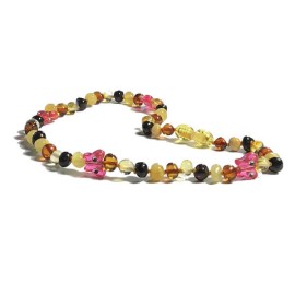 Collier d'ambre multicolore et papillons rose