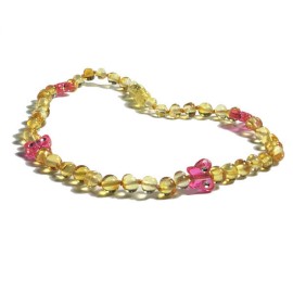 Collier d'ambre citron et papillons rose