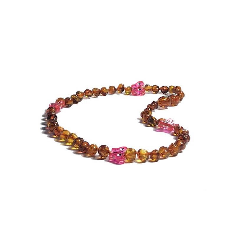 Collier d'ambre caramel et papillons rose