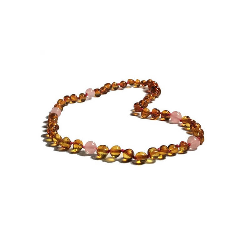 Amber and pink Agate Baby necklace Baroque Caramel round beads