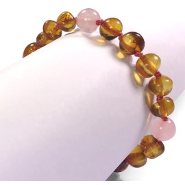 Bracelet en Ambre bébé Caramel et Quartz rose