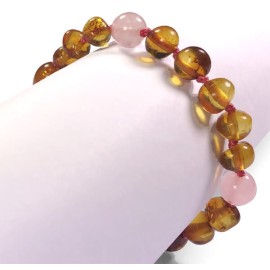 Bracelet en Ambre bébé Caramel et Quartz rose