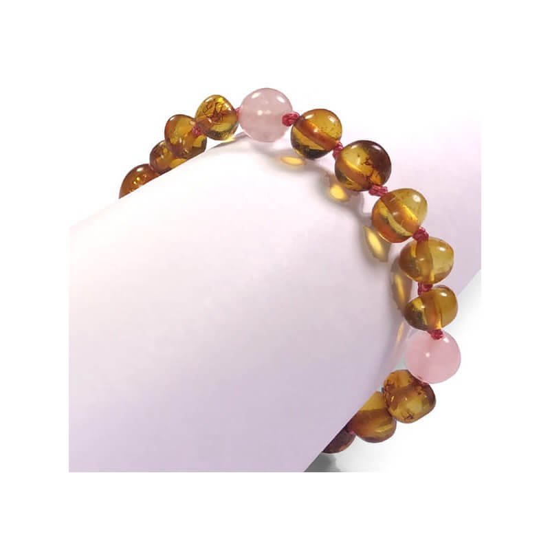 Bracelet en Ambre bébé Caramel et Quartz rose