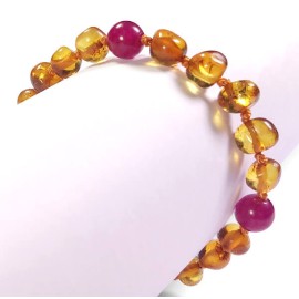 Bracelet en Ambre bébé Caramel et Agate fuschia