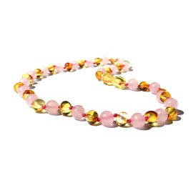 Collier bébé Ambre et Quartz rose perles Rondes citron