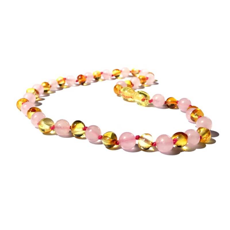 Collier bébé Ambre et Quartz rose perles Rondes citron