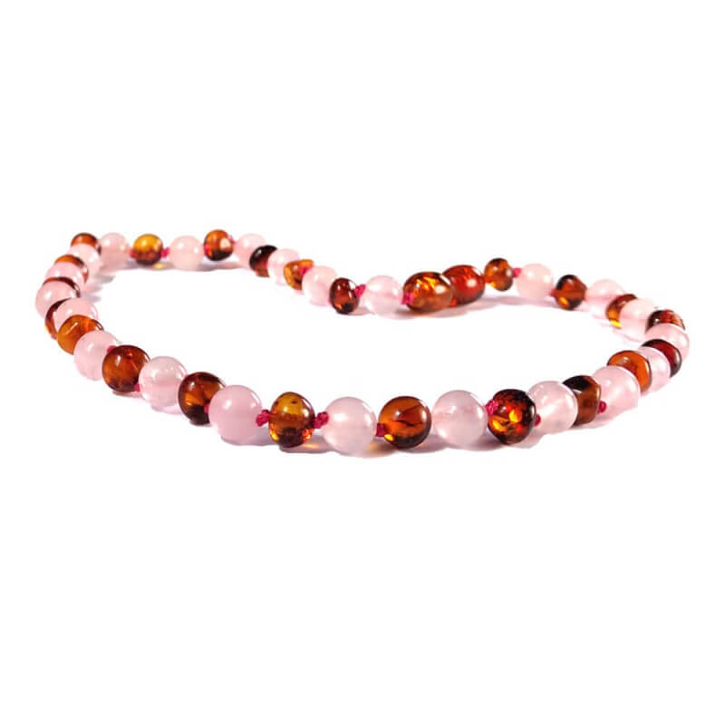 Collier bébé Ambre et Quartz rose perles Rondes caramel