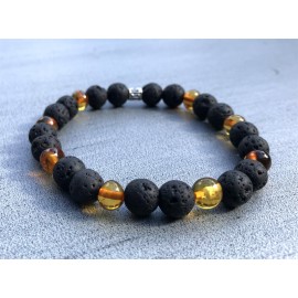 Amber and black Lava stone Men bracelet