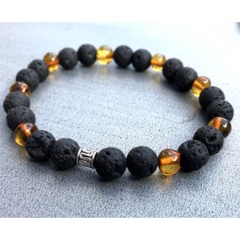 Amber and black Lava stone Men bracelet