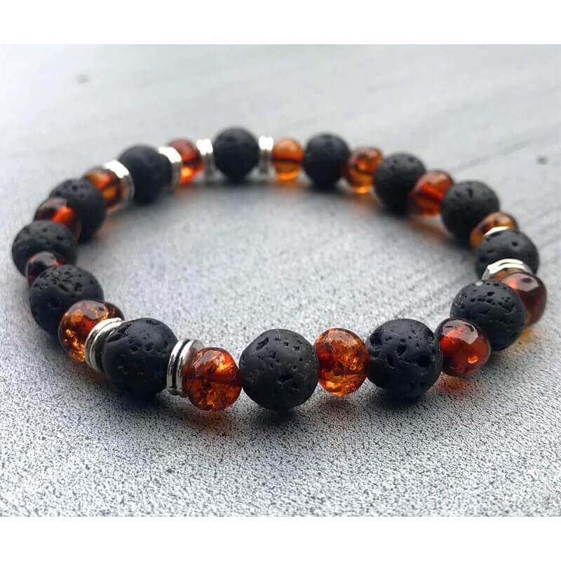 Amber and black Lava stone Men bracelet