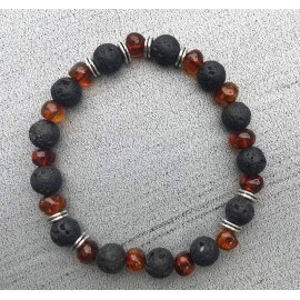 Amber and black Lava stone Men bracelet