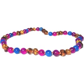 Collier bébé Ambre Caramel Agate bleu et fuschia